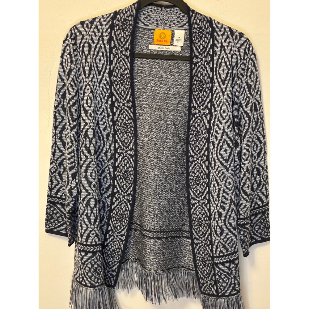 Ruby Rd Phyllis Craft Navy Blue White Geometric Fringe Open Front Cardigan M